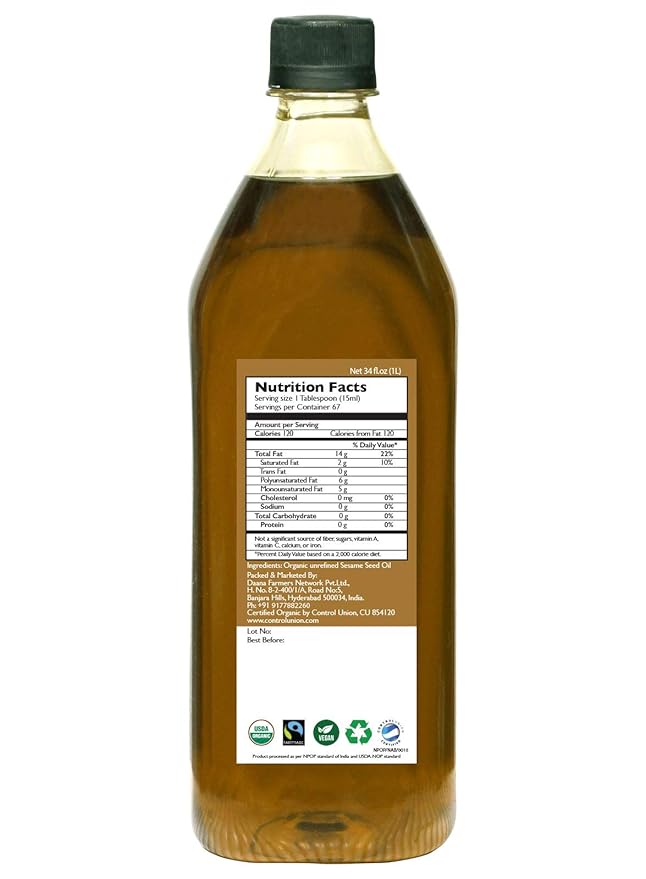 Daana Sesame Oil: CERTIFIED USDA ORGANIC EXTRA VIRGIN COLD PRESSED 34 fl oz