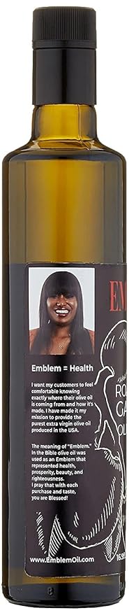 Emblem 100% Extra Virgin and Infused Olive Oil for Everyday Kitchen Use | Cold Extracted Cooking &amp Baking | Non GMO Keto Vegan Friendly 500ml (Roasted Garlic)