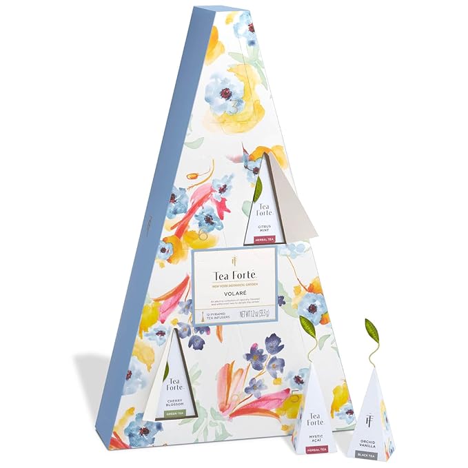 Tea Forte Tea Advent Calendar Gift Set 12 Individually Wrapped Handcrafted Assorted Pyramid Infuser Tea Bags with Numbered Doors Volare