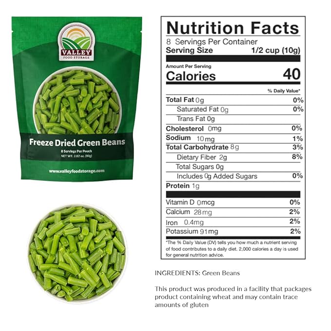 Valley Food Storage Freeze Dried Green Beans | 10-Bag Bucket 28.2 oz | Premium Emergency Food Supply 25 Year Shelf Life | Non-GMO Prepper Food for Camping Cooking &amp Long-Term Storage Packaged