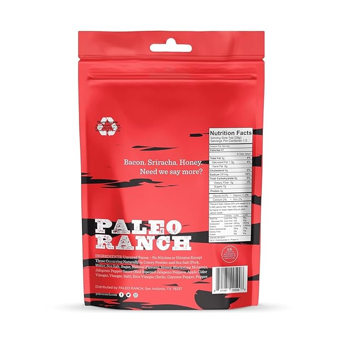 PALEO RANCH Uncured Bacon Jerky Honey Sriracha No Added Hormones No Preservatives 1.5-oz. Pouches (Pack of 4)
