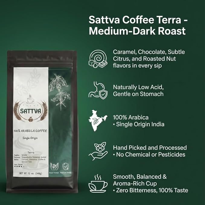 Sattva Coffee Terra Low Acid Dark Roast Whole Bean Coffee 100% Arabica Beans with Caramel &amp Chocolate Notes Smooth Bold Flavor 12oz Fresh Roasted