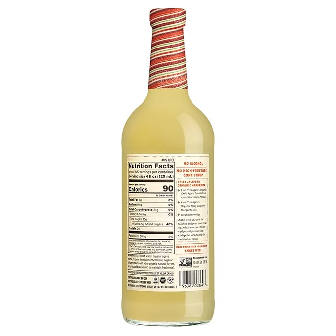 Tres Agaves Organic Spicy Jalapeño Margarita Mix – Made with Real Lime Juice Agave Nectar &amp Natural Chili Flavor – Only 90 Calories per Serving – Vegan Gluten-Free Non-GMO – 750ml Bottle (2 Pac