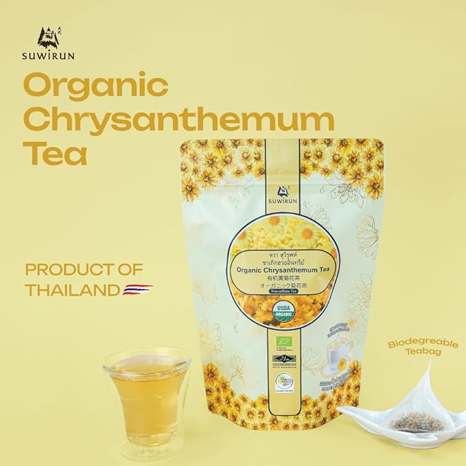 Suwirun Organic Chrysanthemum Tea 25 Bags – 100% Chrysanthemum Flowers – Naturally Caffeine-Free Sweet Floral Aroma – Supports Relaxation &amp Wellness
