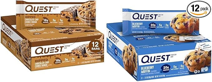 Quest Nutrition Dipped Chocolate Chip Cookie Dough Protein Bars 1.76 Oz 12 Ct &amp Blueberry Muffin Protein Bars High Protein Low Carb Gluten Free Keto Friendly 12 Count (Pack of 1)