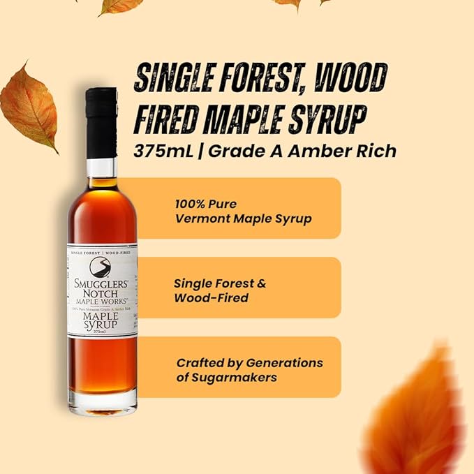 Smugglers’ Notch Maple Works – Single Forest Wood Fired – 100% Pure Vermont Maple Syrup – Natural Sweetener &amp Gluten Free – Rich Taste – Waffles and Pancakes Cocktails Marinades 12.68 Fl Oz. (3