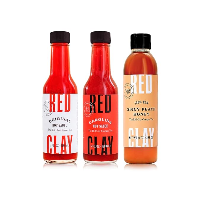 Red Clay All-Star Variety Pack - Spicy Peach Hot Honey Original Hot Sauce &amp Carolina Hot Sauce - Gluten Free - Chef-Crafted - Ships in Red Clay Gift Box - 3pk