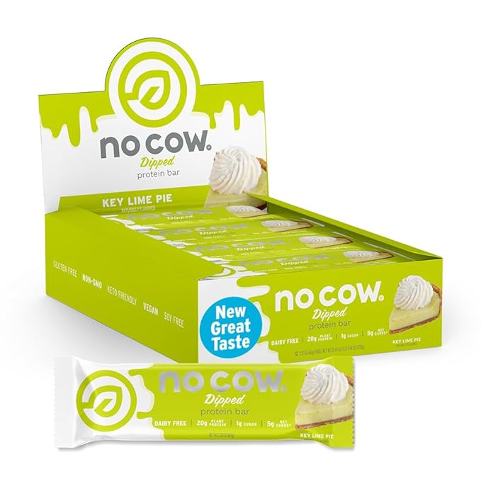 No Cow Vegan Protein Bars Upgraded Key Lime Pie | 20g Plant Based Protein Gluten Free Dairy Free Soy Free Keto Friendly Low Sugar High Fiber Snack Bars | Pack of 12