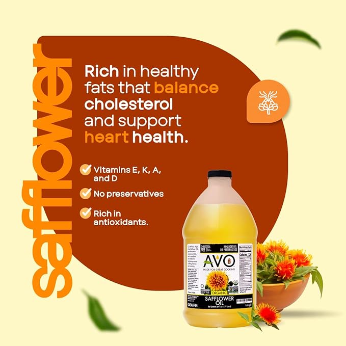 AVO Organic Safflower Oil for Cooking Frying Baking Salads Vinaigrette Marinades. General Cooking Oil 64 Fl-oz (Half a Gallon) No preservatives Naturally Processed High Smoke Point 465°F