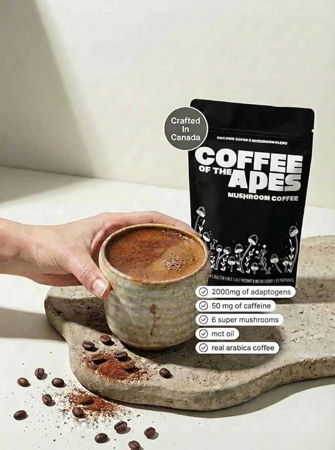 Coffee Of The Apes - Instant Mushroom Coffee: Real Arabica 6 Super Functional Mushrooms High Potency Adaptogens. Healthy Drink &amp Superfood Beverage