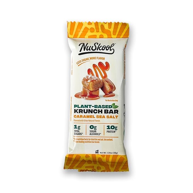 NuSkool Keto Friendly Krunch Bars - 7g Fiber 10g Plant-Based Protein 3g Net Carbs - Gluten-Free Non-GMO Vegan (12 Count Caramel Sea Salt)