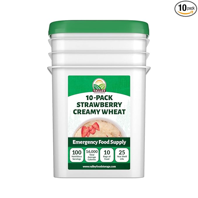 Valley Food Storage Freeze Dried Strawberry Creamy Wheat | 10-Bag Bucket 100 Servings | Premium Emergency Food Supply 25 Year Shelf Life | Survival Breakfast Food for Prepper Storage &amp Camping