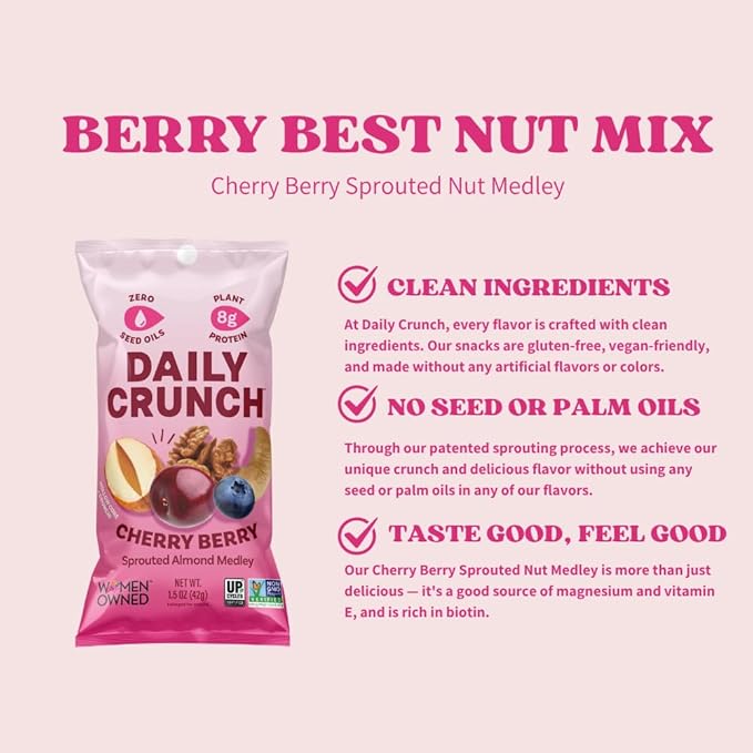 Daily Crunch Sprouted Almonds 1.5 Ounce Mini On-The-Go Bags Sprouted and Dehydrated for a Unique Crunch Keto Friendly Non-GMO (1.5 Ounce Cherry Berry)