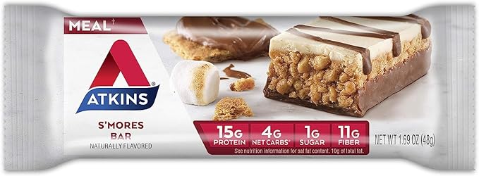Atkins S’mores Protein Meal Bar High Fiber 1g Sugar 4g Net Carbs Meal Replacement Keto Friendly 30 Count