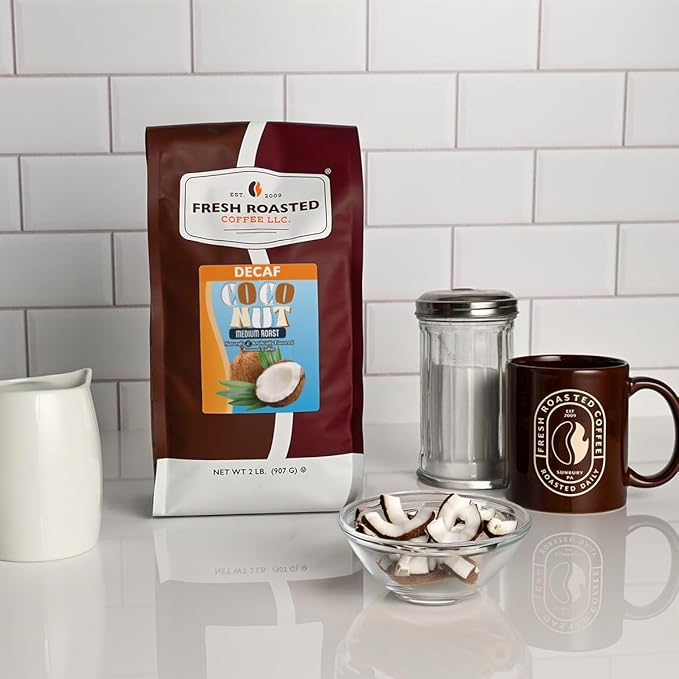 Fresh Roasted Coffee Decaf Coconut Flavored Coffee 2 lb (32 oz) Medium Roast Kosher Ground