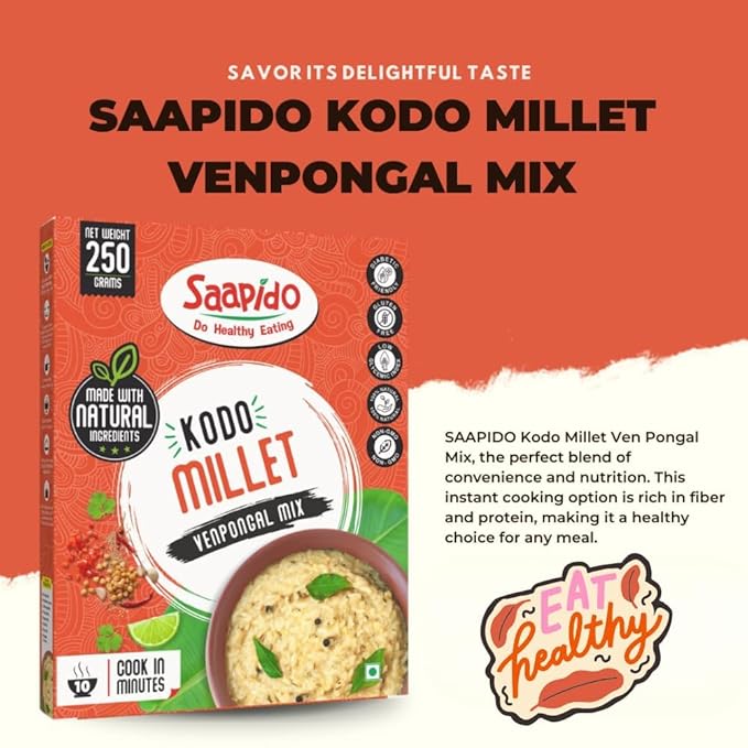 SAAPIDO Kodo Millet Pongal Mix | Ready to Cook Instant South Indian Breakfast | Healthy Instant Mix for Traditional Taste | (100% Natural Low GI Gluten Free &amp Diabetics Friendly Food) (0.55 lb)