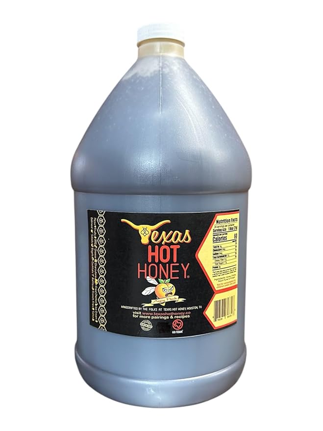 Texas Hot Honey Angry Peach Mild Heat Gourmet Chili &amp Peach Infused Honey 1 Gallon Jug