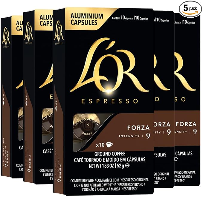 L'OR Espresso Capsules 50 Count Forza Single-Serve Aluminum Coffee Capsules Compatible with the L'OR BARISTA System &amp *Nespresso Original Machines 50 Count (Pack of 5)