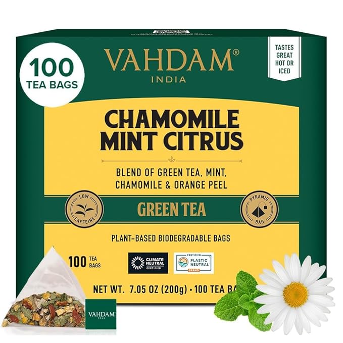 VAHDAM Chamomile Mint Citrus Green Tea Bags (100 Count) Low Caffeine Non GMO Gluten Free | Sweet &amp Floral | Resealable Ziplock Pouch | Chamomile Tea Bags