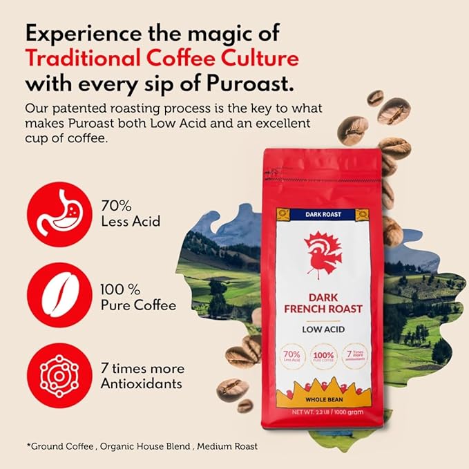 Puroast Low Acid Coffee Whole Bean French Roast Dark Roast Certified Low Acid Coffee 5.5+ pH Gut Health 2.2 LB Higher Antioxidant Smooth for Espresso Iced Coffee