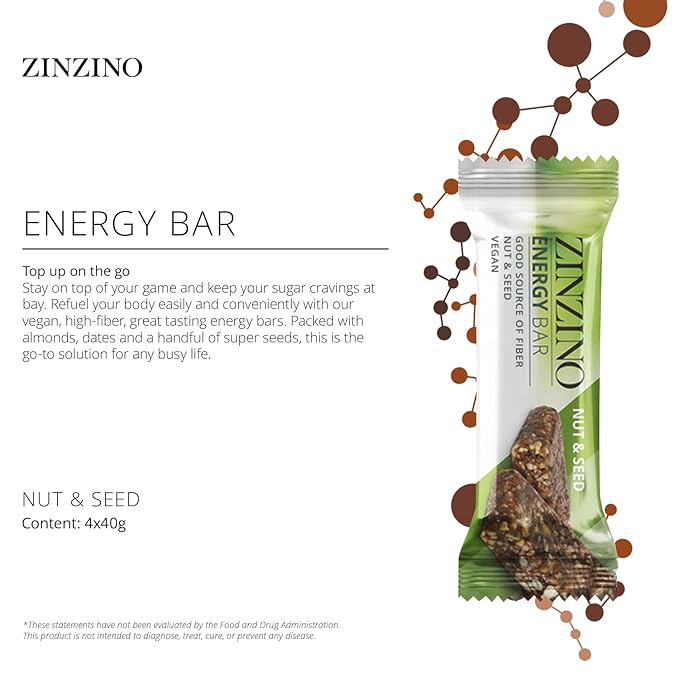 Zinzino - Energy Bars Nut and Seed - Fiber Vegan Snack No Added Sugar GMO-Free Healthy Snack for Adults Great Taste - 4-Pack High