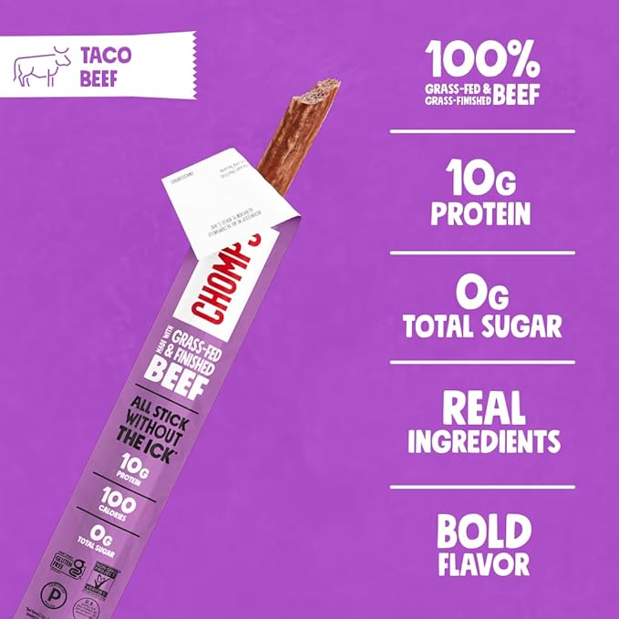 Chomps Grass-Fed Taco Beef Jerky Snack Sticks 24-Pack - Keto Paleo Whole30 10g Lean Meat Protein Gluten-Free Zero Sugar Food Non-GMO