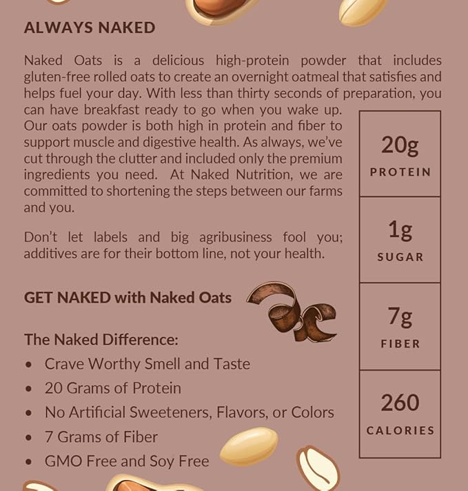 Naked Oats - Chocolate PB Overnight Oats 20g Grass-Fed Protein Gluten-Free Oatmeal Instant Breakfast or Shake High Protein Oatmeal High Fiber Breakfast Shake Non GMO No Soy - 12 Servings