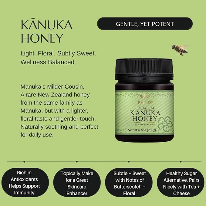 BeeNZ Raw Kānuka Honey – Pure New Zealand Monofloral Kānuka Honey Natural Sweetener &amp Superfood for Wellness Skin Care and Gourmet Food Pairing - No Sugar Added Pantry Staple Hive-to-Jar Trac