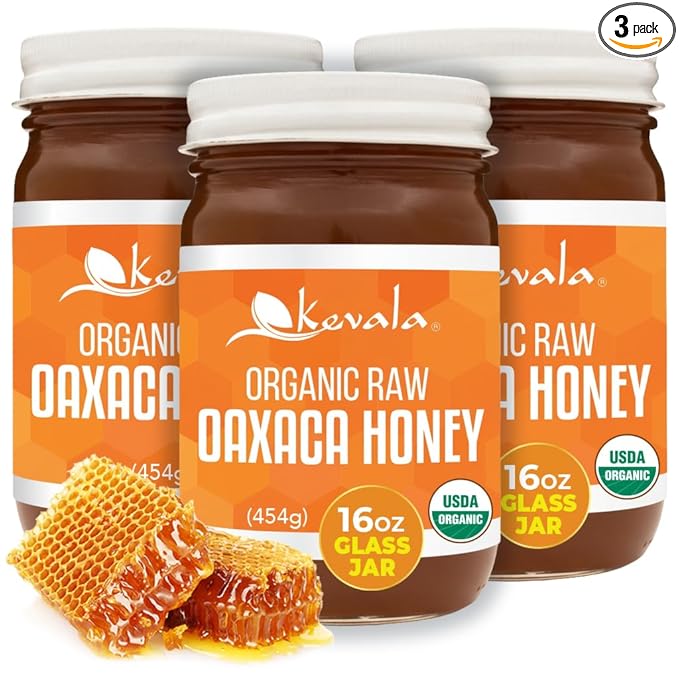 Kevala Organic Raw Oaxaca Honey - 3pack Glass Jar 16 oz Natural Sweetener for Meals and Drinks with no Pesticides Pure and Unprocessed Spread for Bread and Toast Golden Nectar with no Sugar Added