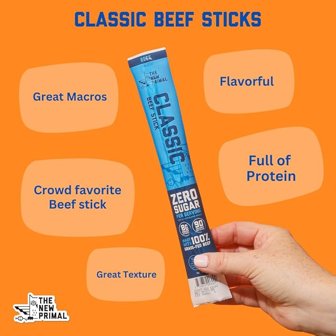 The New Primal Grass Fed Beef Sticks Keto Gluten Free Healthy Snacks for Adults Sugar Free Low Carb High Protein Snack Paleo Whole30 Jerky Meat Stick 8g Protein 90 Calories 20 Pack