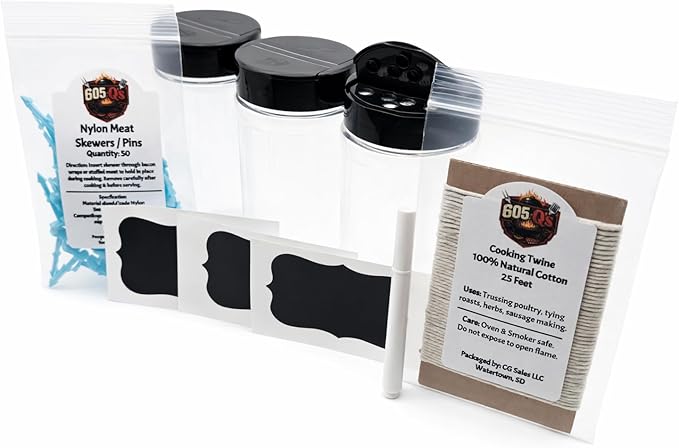 BBQ Seasoning Shaker Bottles Set – 3 Empty 16 oz Plastic Jars with Dual Flip Lids Cooking Twine &amp Nylon Grill Pins for Bacon Wrapped – Refillable Spice Containers for Rubs Grilling &amp Smoking