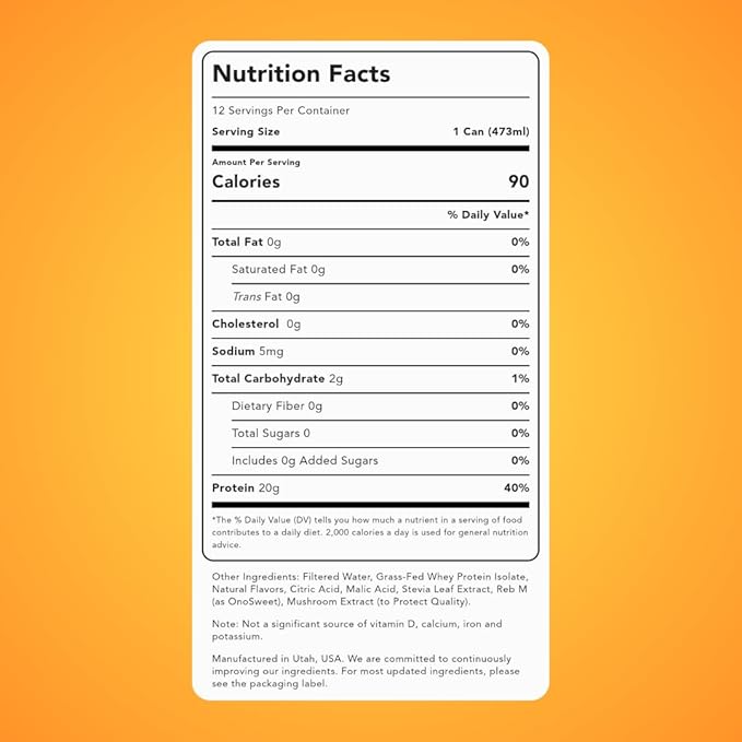 Clean Simple Eats Clear Protein Water 20G Grass Fed Whey Protein Ultra Filtered Light &amp Refreshing Beverage Low Lactose No Artificial Ingredients Tropical Orange Flavor 16 Oz Cans 12 Pack