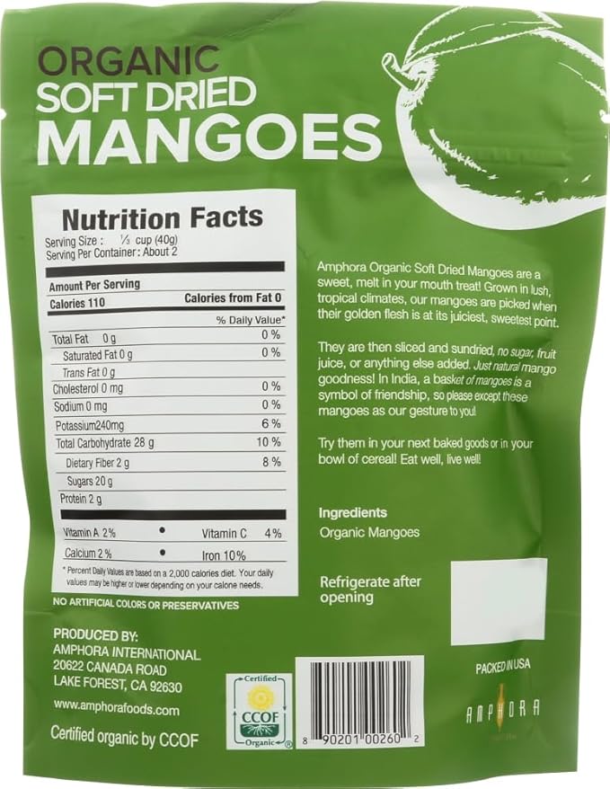 Amphora Dried Mango - Organic Soft Dried Mangoes No Sugar Added - Vegan and Gluten-Free Snack - 3 Oz (Pack of 6)