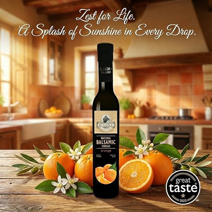 Ellora Farms Orange Balsamic Vinegar Real Fruit Infused Thick Barrel Aged No-added sugars No-preservatives Glass bottle 8.5 oz (Orange)