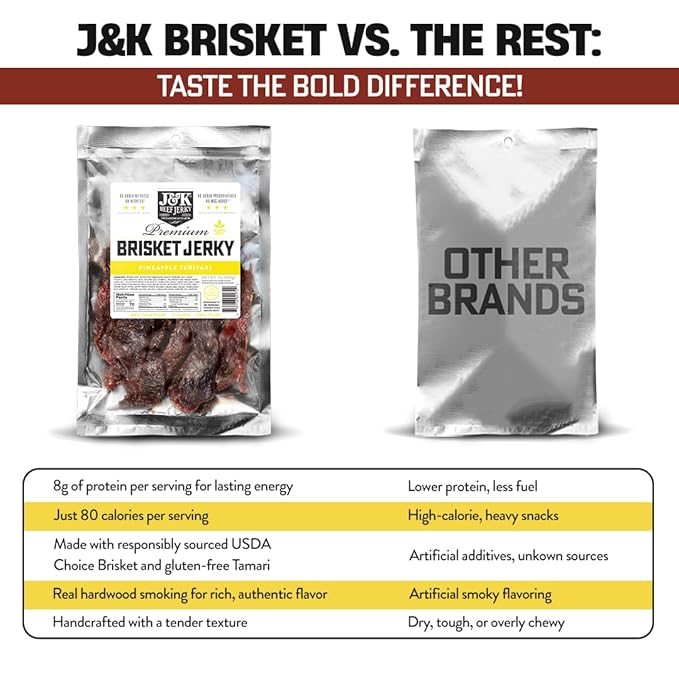 J&ampK Jerky Beef Brisket Jerky - Pineapple Teriyaki - Hand Crafted Small Batch American Made Slab Jerky's - Bold &amp Flavorful Snack! - 7oz Big Bag of Jerky's