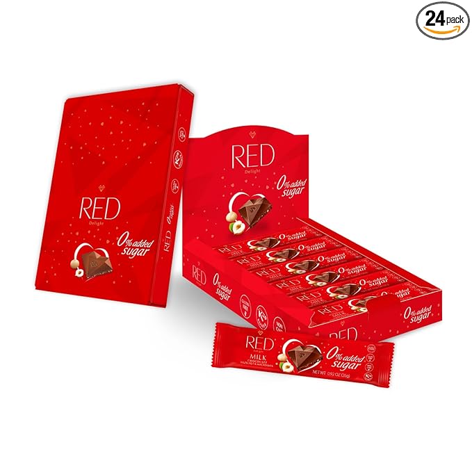Red Delight Hazelnut and Macadamia Milk Chocolate Snack Bars - Pack of 24 Diamond-Shaped Milk Chocolates (22.08oz) with Rich Cocoa Flavor - European-Style Chocolates - No Added Sugar and Kosher