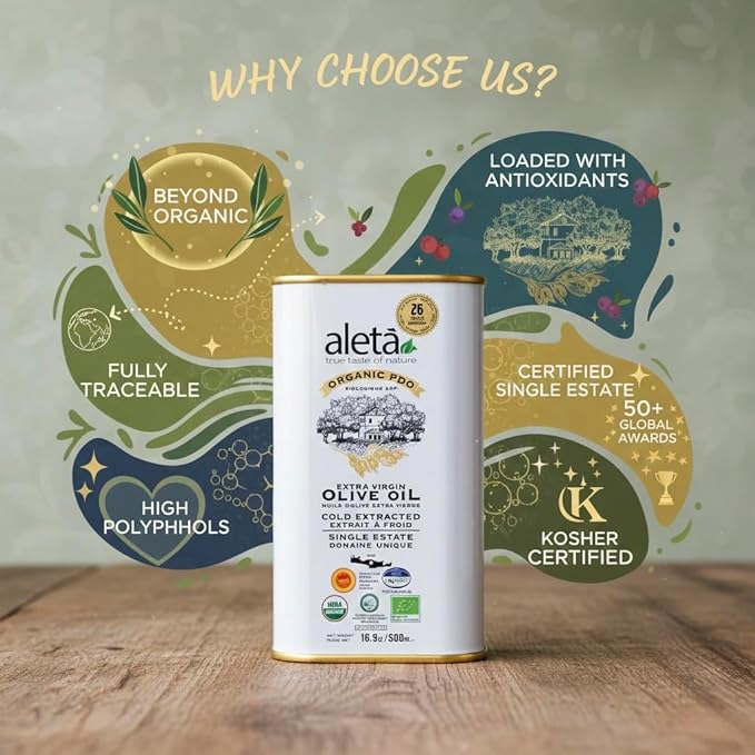 Aleta Farms Olive Oil Extra Virgin USDA Organic Single Estate PDO Polyphenol Rich Olive Oil Cold Pressed Global Gold Awards EVOO Kosher. 16.9 Fl Oz (Pack of 1)