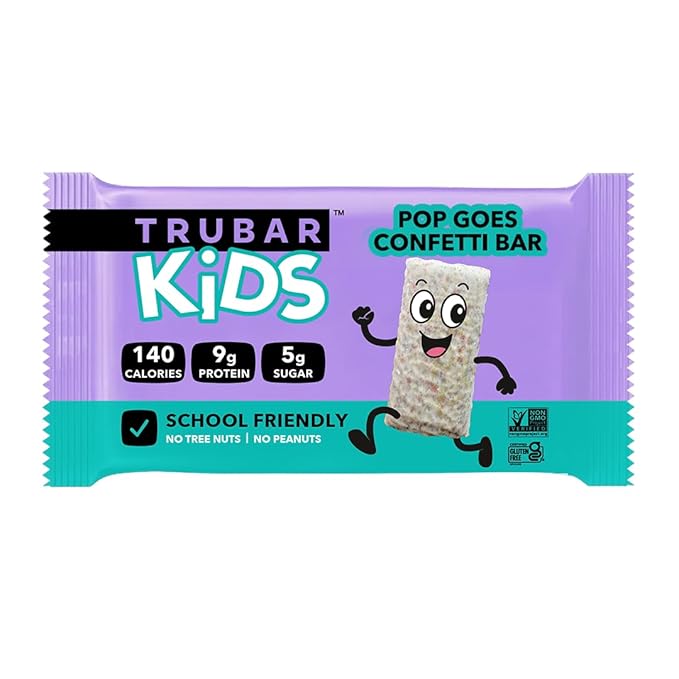 TRUBAR Kids Protein Bars Pop Goes Confetti Plant Based Protein Gluten Free School-Friendly Snacks for Lunchboxes Tree Nut and Peanut Free Low Sugar Healthy On the Go Snack Bars 12 Count