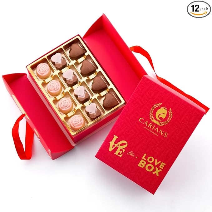CARIANS Valentine's Day Belgian Chocolate Gift Box of Love Luxury Milk Chocolates with Strawberry and Hazelnut Cream Elegant Valentine’s Day Gift for Her and Great Present for Lovers 12 pc