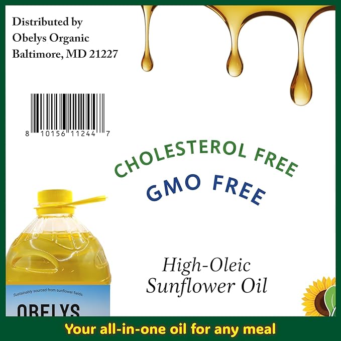 Obelys High Oleic Sunflower Oil | 1.3 Gallon Jug - Neutral Oil For Medium to High Heat Cooking Non-GMO Kosher Cholesterol Free | 5L / 169 Oz