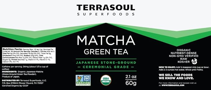 Terrasoul Superfoods Organic Matcha Green Tea (Ceremonial Grade in Miron Glass) 2.12 ounces (60g)