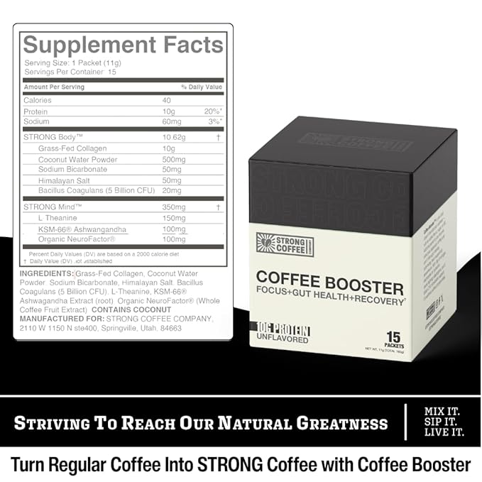 Strong Coffee Co. Coffee Booster | 10g Collagen Coffee Protein with Nootropics &amp Adaptogens NeuroFactor® Ashwagandha L-Theanine &amp Electrolytes for Focus &amp Balanced Energy | 15 Packets