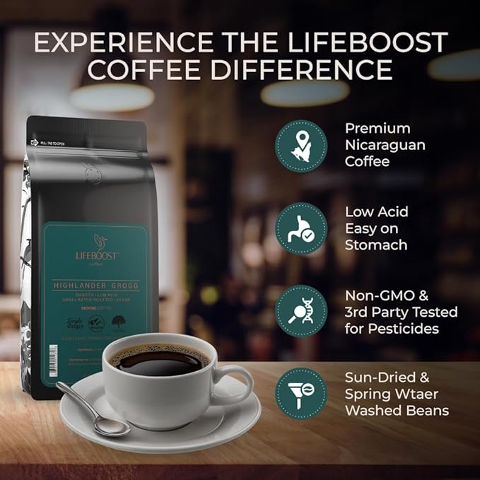 Lifeboost Highlander Grogg Coffee Ground - Low Acid Single Origin Flavored Coffee - Non-GMO Highlander Grogg Ground Coffee Third Party Tested For Mycotoxins &amp Pesticides - 12 Ounces
