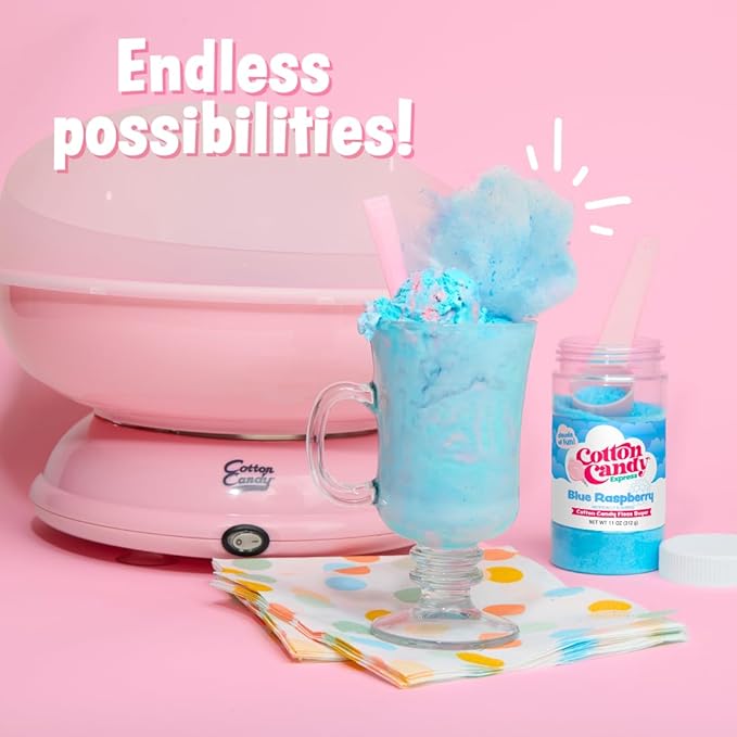 Cotton Candy Express Floss Sugar Variety Pack with 3 - 11oz Plastic Jars of Cherry Blue Raspberry &amp Grape Flossing Sugars Plus 50 Paper Cotton Candy Cones