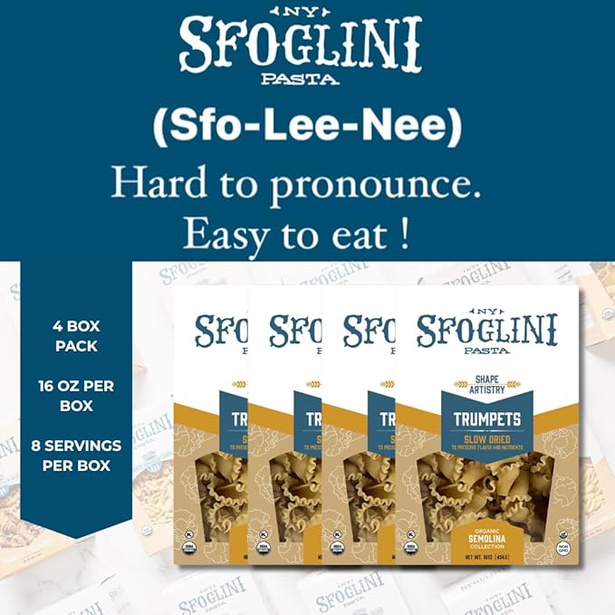 Sfoglini Trumpets Pasta (Organic Durum Semolina) – “Campanelle/Bell” Shape for Sauce Capture (4-Pack 16oz Each)