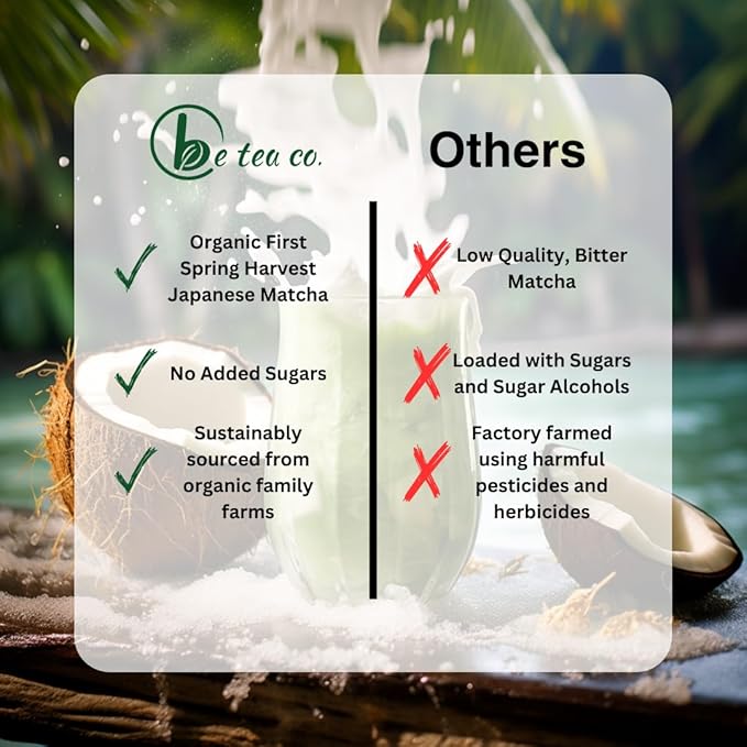 Be Tea Co. Coconut Matcha Latte | Organic Dairy-Free Latte Mix | Japanese Ceremonial Grade | Antioxidant-Rich | Vegan Drink | No Added Sugars | 24 Servings
