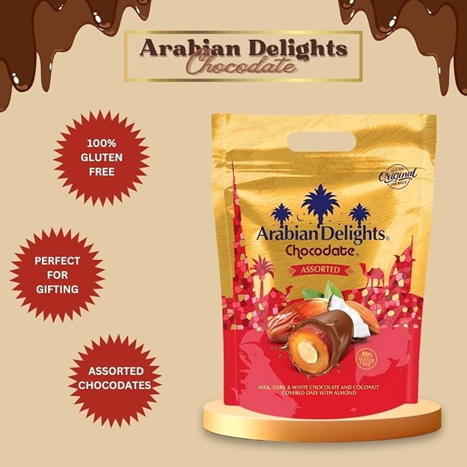 Intense Delish Chocolate Covered Almond Stuffed Dates - Arabian Delights Chocodate Assorted Pouch 460g – Premium Chocolate Dates Gift Pack in Milk Dark White &amp Coconut Chocolates Varieties