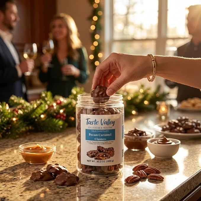 Taste Valley Milk Chocolate Pecan Caramel Clusters – 30 oz Bulk Jar | Gourmet Turtle Candy | Kettle-Cooked Caramel | Holiday Gift | Office Sharing | Sweet Crunchy Indulgence