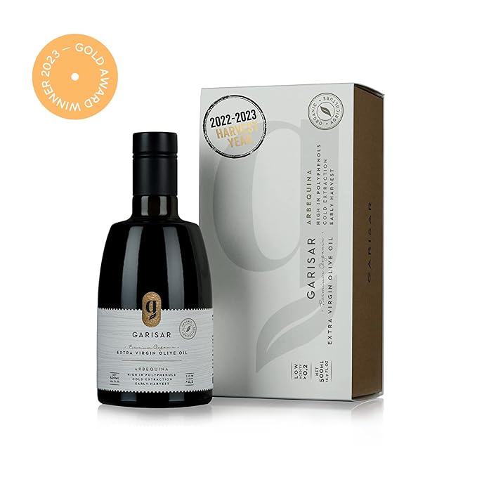 Garisar High In Polyphenol Premium Olive Oil Rich Polyphenols (&gt600 ppm) NYIOOC 2023 GOLD MEDAL Low Acidity (max 0.2%) Early Harvest Cold Pressed Organic Extra Virgin Olive Oil Pack Of 2