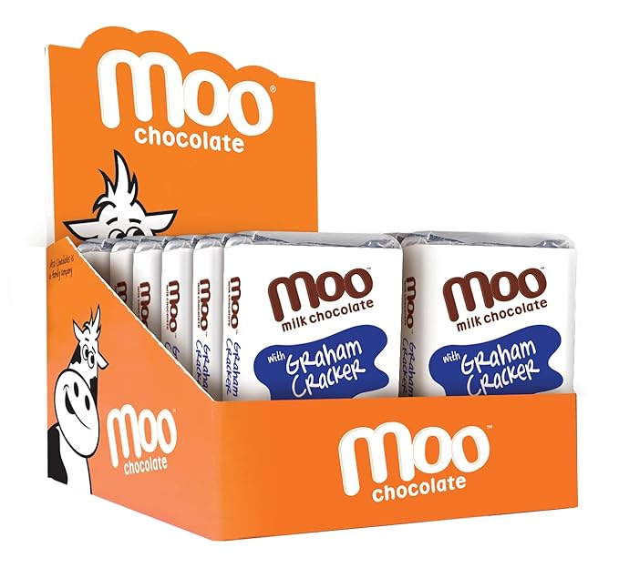 Moo Chocolates All Natural Milk Chocolate Mini Bars with Graham Cracker 0.7 oz 14 ct (Pack of 1) | 100 Calorie Snacks for On-the-Go Lunchboxes Office